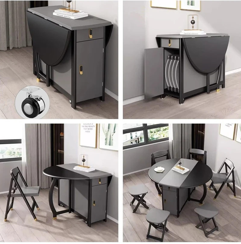 Table de salle à manger ronde à double abattant gris noir avec 4 chaises
