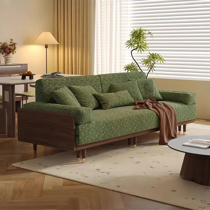 Canapé-lit en frêne massif avec tissu chenille à motif trèfle à quatre feuilles