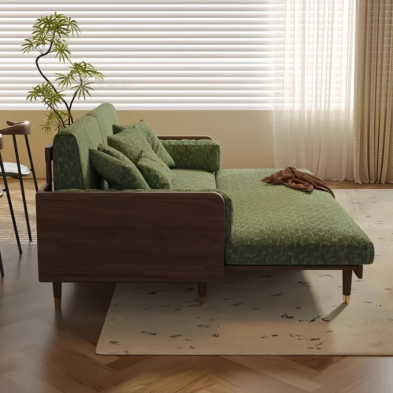Canapé-lit en frêne massif avec tissu chenille à motif trèfle à quatre feuilles
