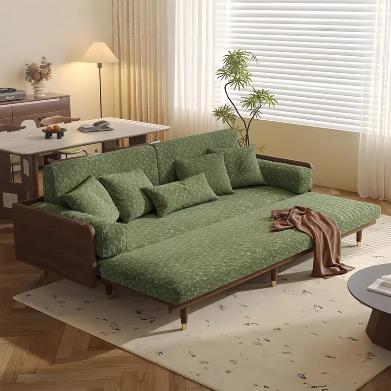 Canapé-lit en frêne massif avec tissu chenille à motif trèfle à quatre feuilles