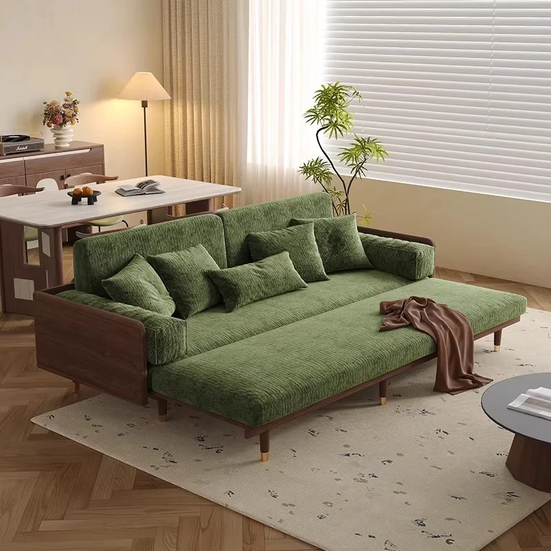 Canapé-lit en frêne massif avec tissu chenille à motif trèfle à quatre feuilles