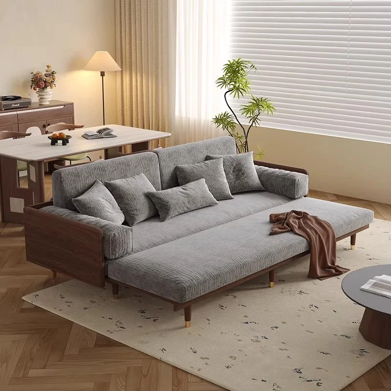Canapé-lit en frêne massif avec tissu chenille à motif trèfle à quatre feuilles