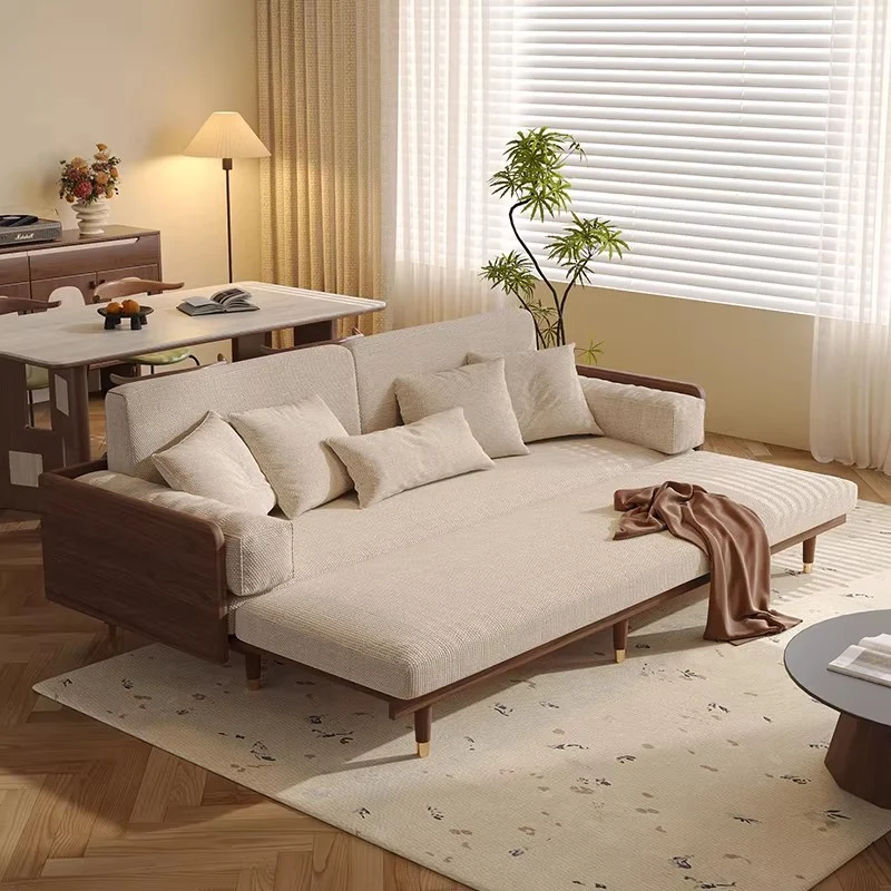 Canapé-lit en frêne massif avec tissu chenille à motif trèfle à quatre feuilles