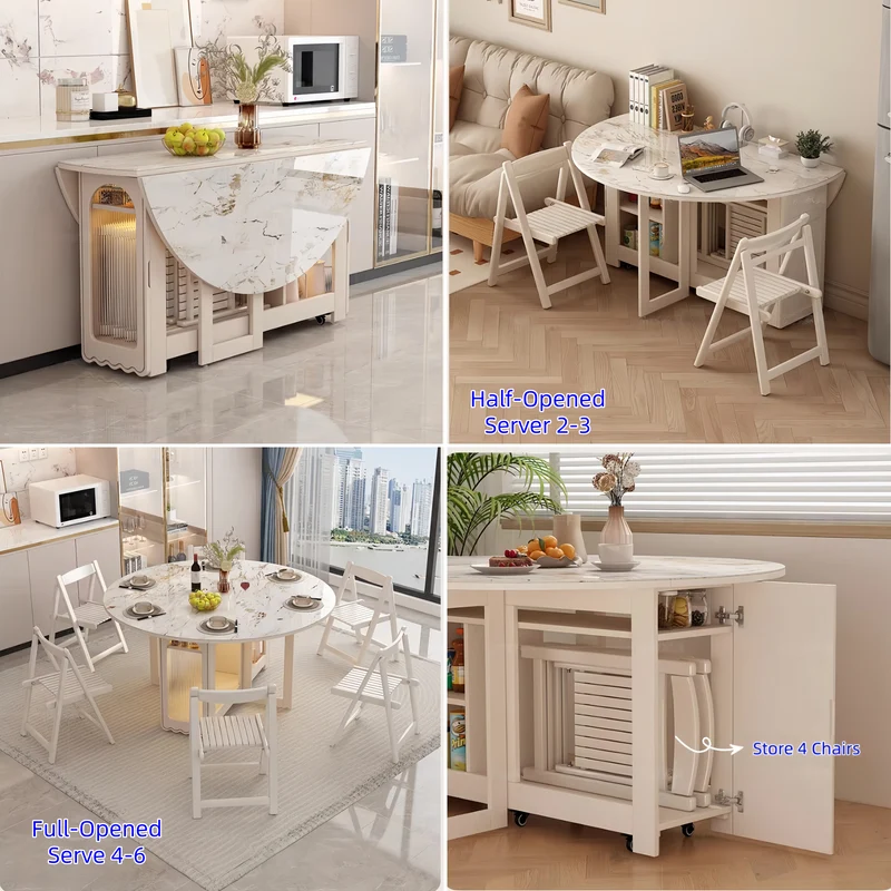 Ensemble table de salle à manger ronde à double abattant avec 4 chaises pliantes