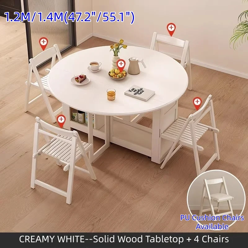 Ensemble table de salle à manger ronde à double abattant avec 4 chaises pliantes