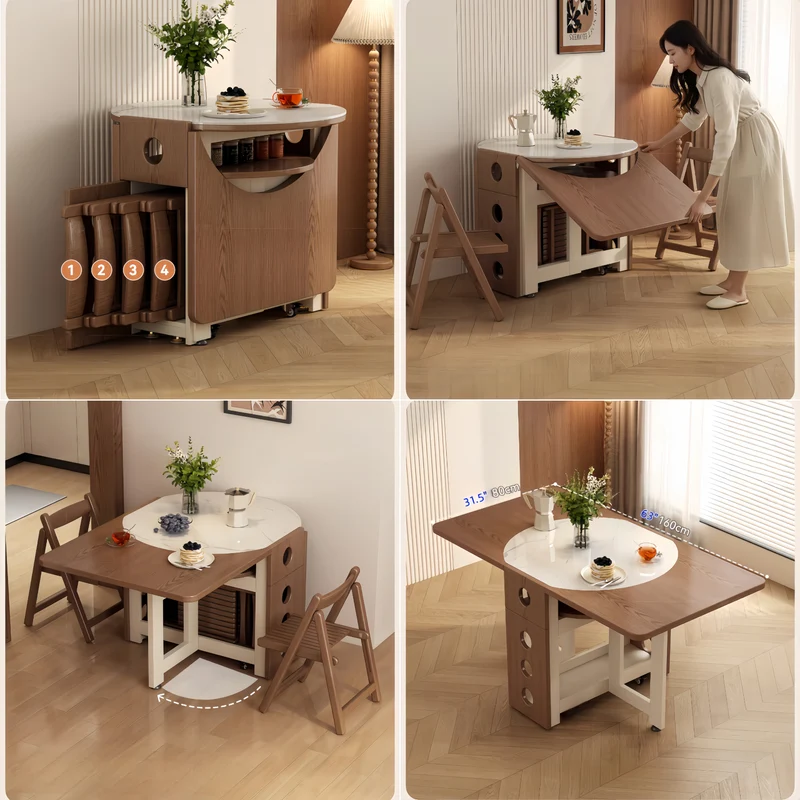 Table de salle à manger à double abattant avec plateau rond en pierre frittée et 4 chaises pliantes