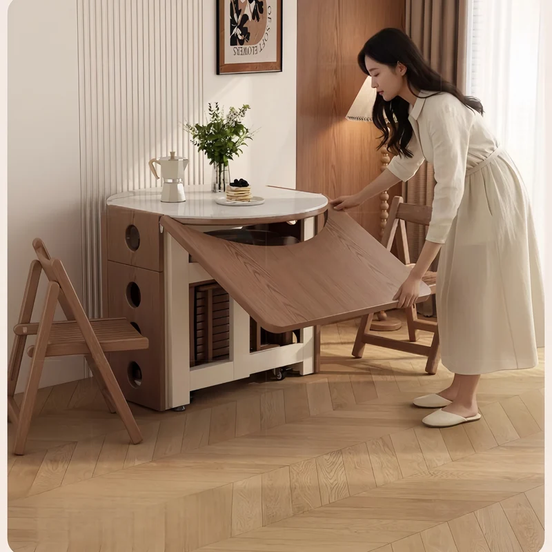 Table de salle à manger à double abattant avec plateau rond en pierre frittée et 4 chaises pliantes