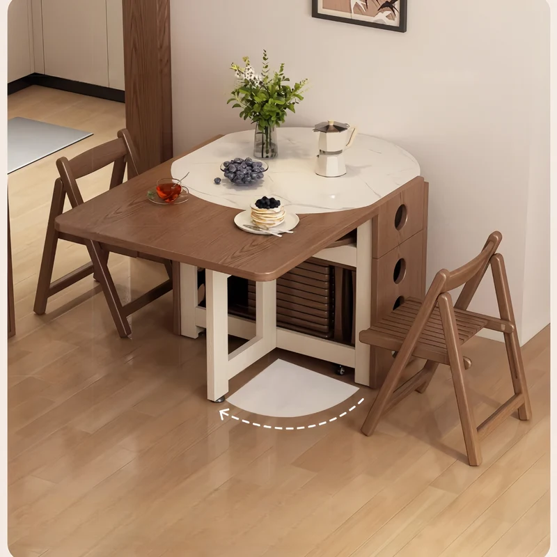 Table de salle à manger à double abattant avec plateau rond en pierre frittée et 4 chaises pliantes