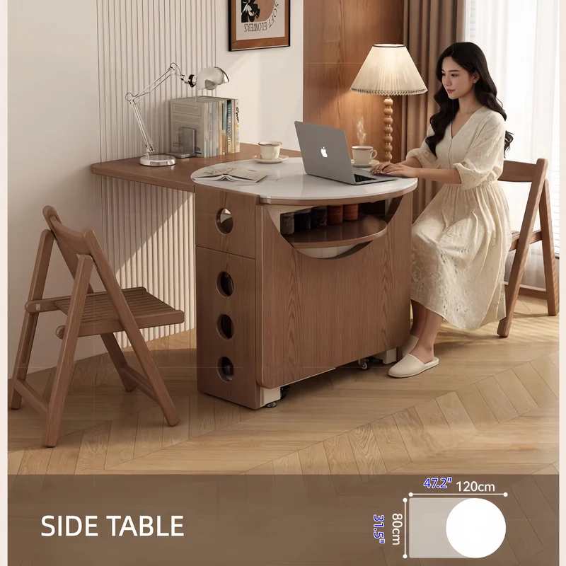 Table de salle à manger à double abattant avec plateau rond en pierre frittée et 4 chaises pliantes