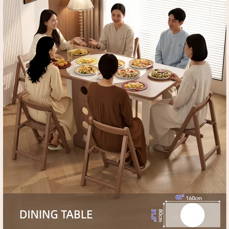 Table de salle à manger à double abattant avec plateau rond en pierre frittée et 4 chaises pliantes