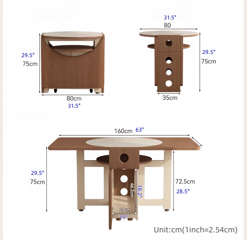 Table de salle à manger à double abattant avec plateau rond en pierre frittée et 4 chaises pliantes