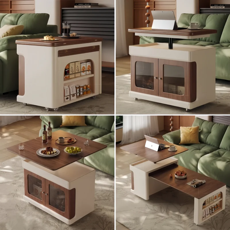 Table basse double multifonction relevable et extensible avec roulettes universelles