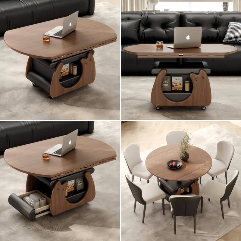Table basse en bois massif, relevable et pliable, avec rangement et roulettes universelles