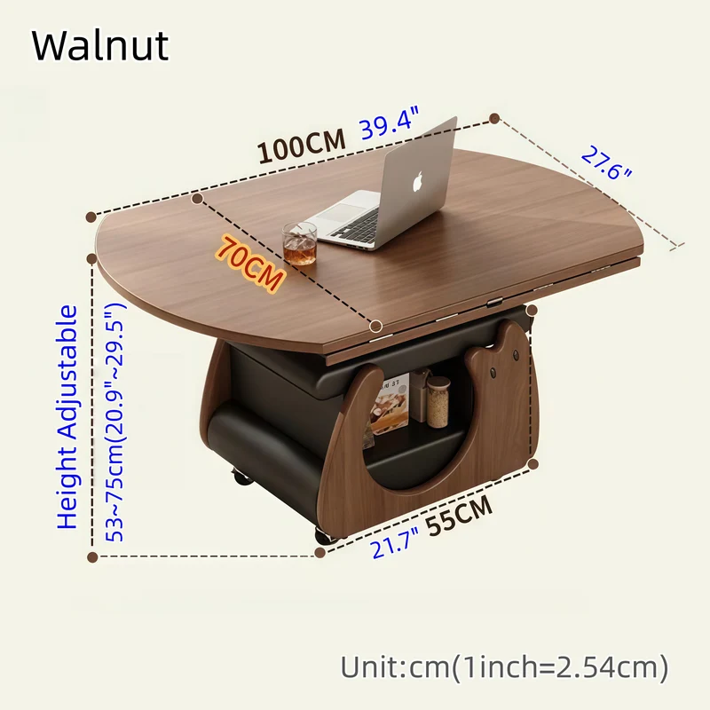 Table basse en bois massif, relevable et pliable, avec rangement et roulettes universelles