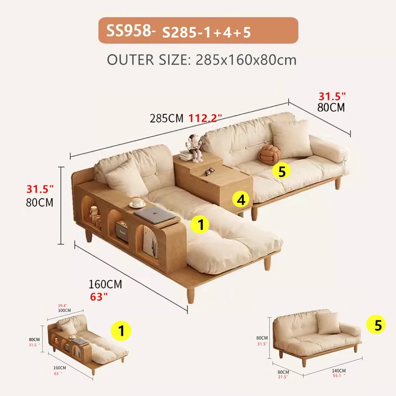 Canapé Japandi en bois massif avec accoudoir rotatif et table d'appoint relevable