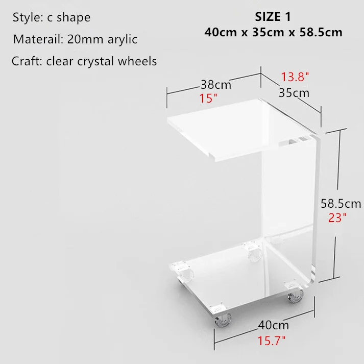 Table d'appoint en acrylique en forme de C avec roues