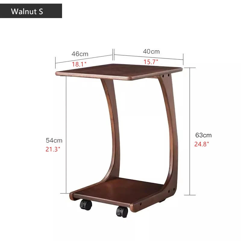 Table d'appoint en bois massif en forme de C avec roulettes