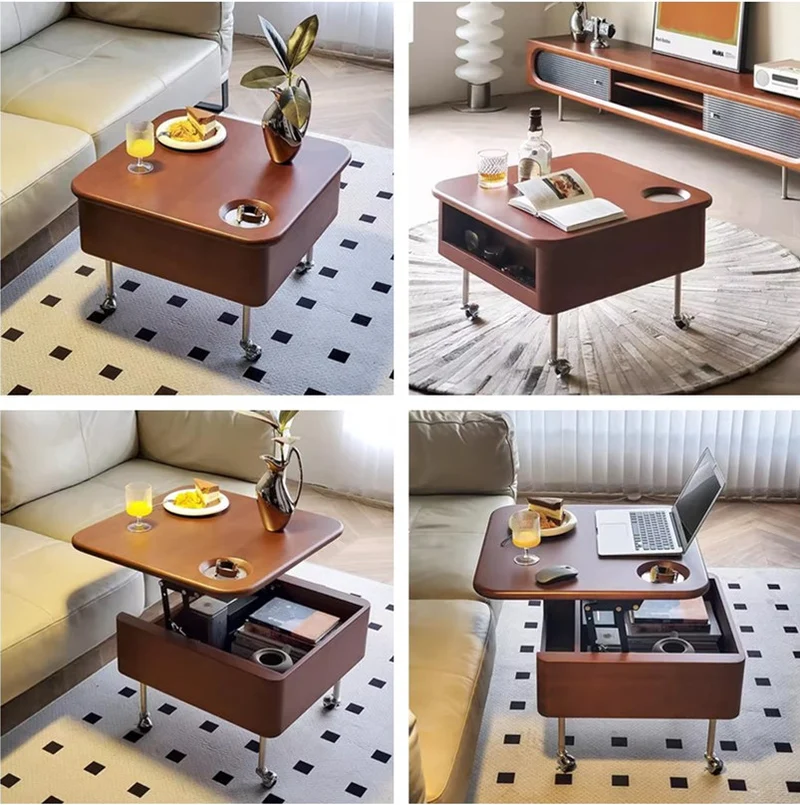 Table basse relevable en bois massif avec rangement et roues universelles