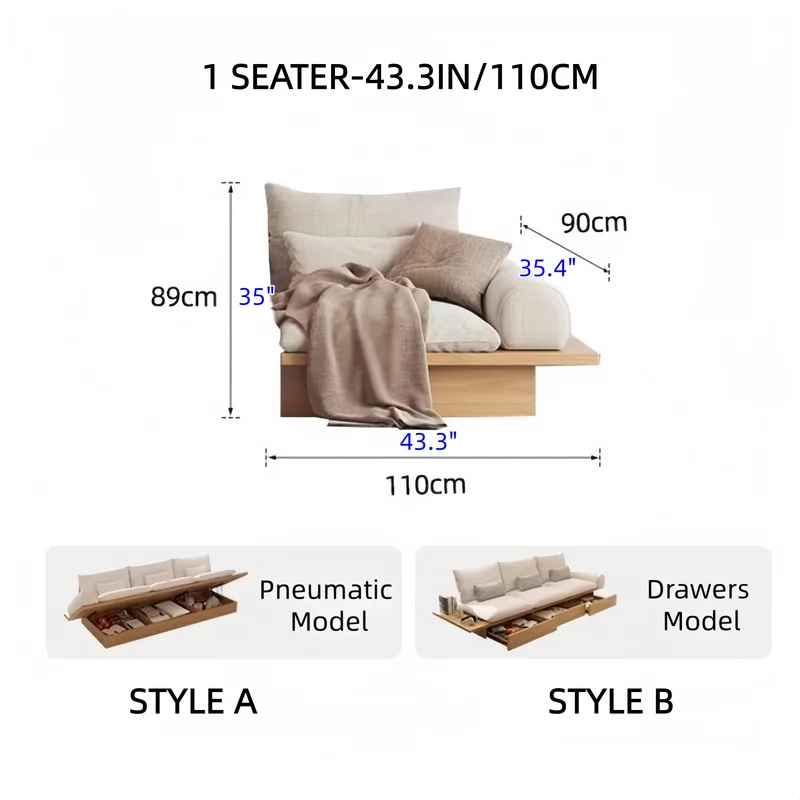 Canapé Japandi en bois massif avec rangement en dessous