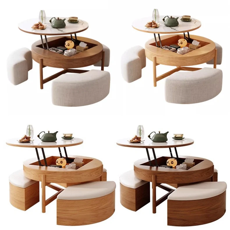 Table basse ronde à plateau relevable avec rangement et repose-pieds
