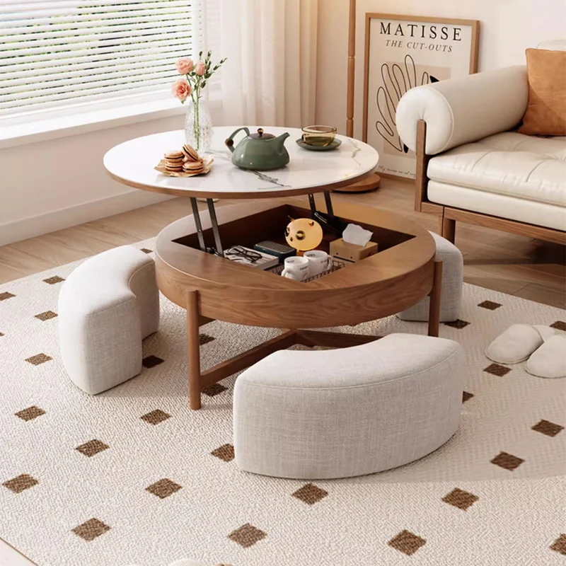 Table basse ronde à plateau relevable avec rangement et repose-pieds