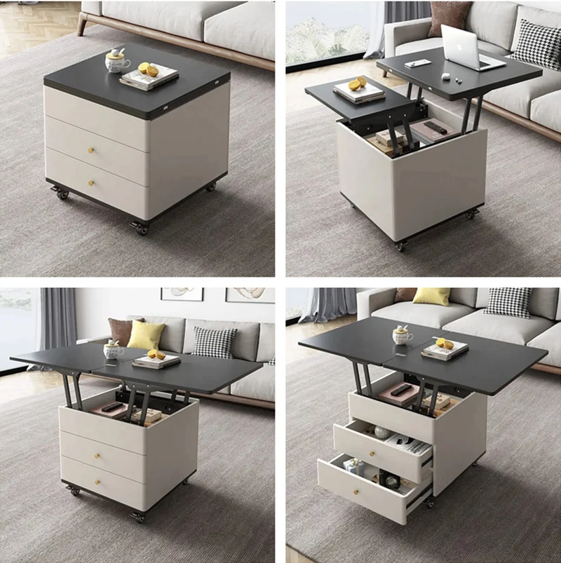 Table Basse Multifonction Moderne Levable et Extensible avec Tiroirs de Rangement et Roues Universelles