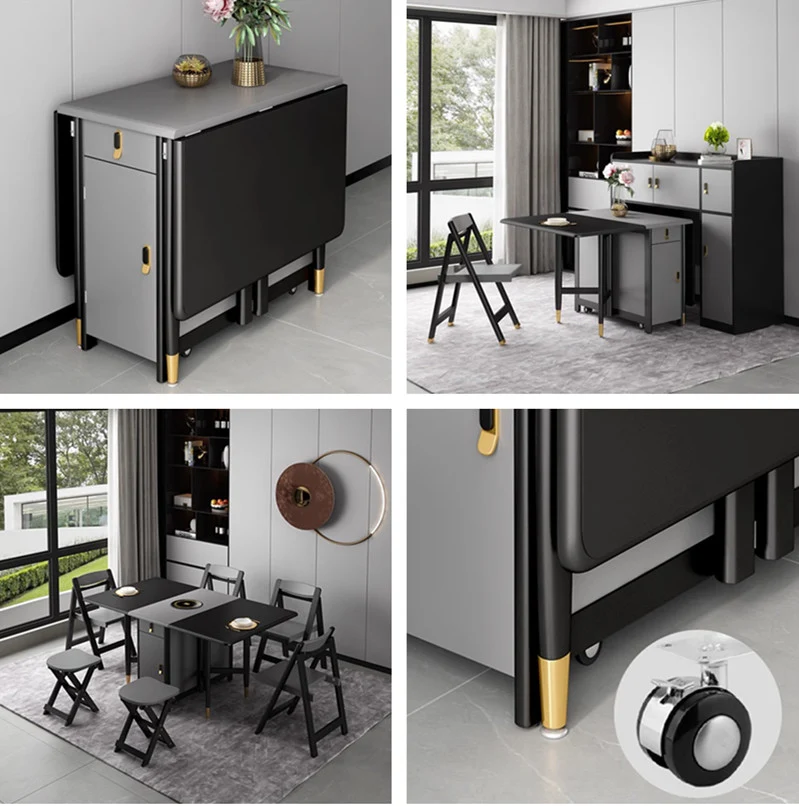 Table moderne à double abattant avec chaises, gris noir