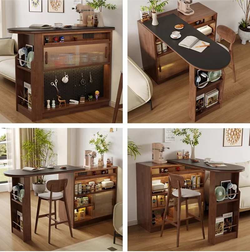 Table de bar rotative à 360° en bois massif avec meuble de rangement double face
