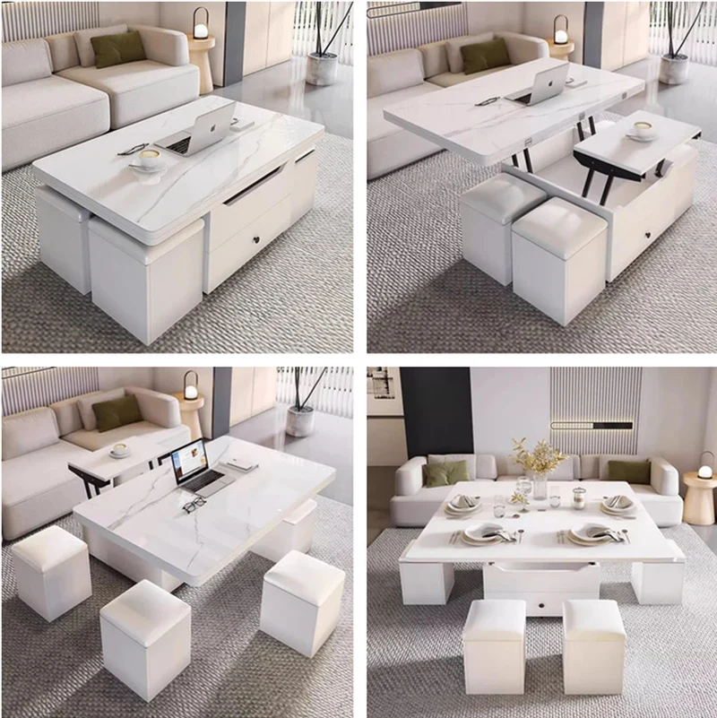 Table basse multifonctionnelle à plateau relevable avec 4 tabourets de rangement