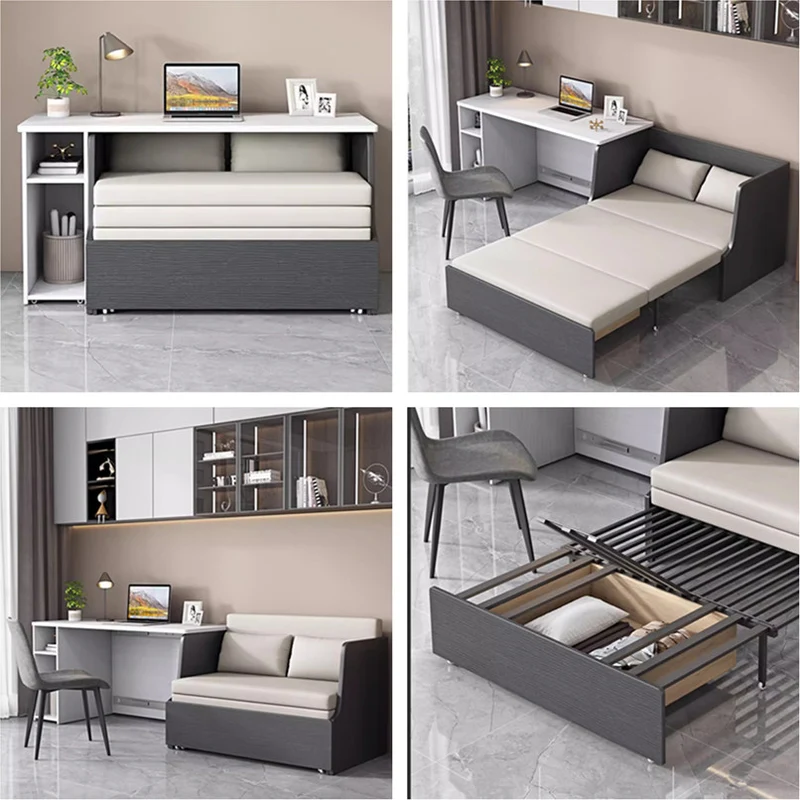 Canapé-lit peu encombrant avec rangement en dessous et ensemble de bureau d'ordinateur