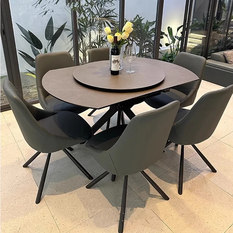 Table de salle à manger ronde extensible rotative avec plateau en dalle de roche