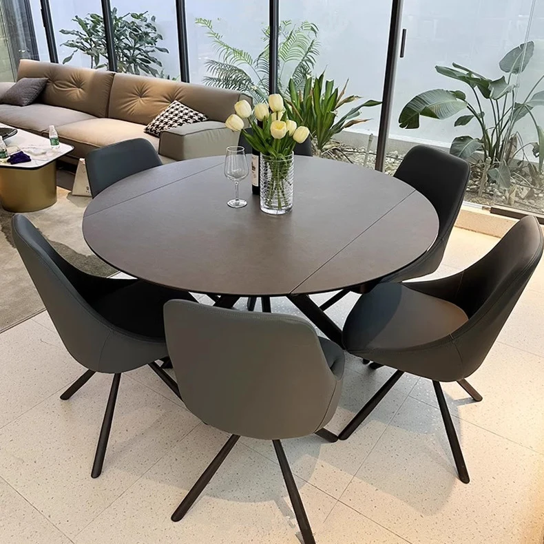 Table de salle à manger ronde extensible rotative avec plateau en dalle de roche
