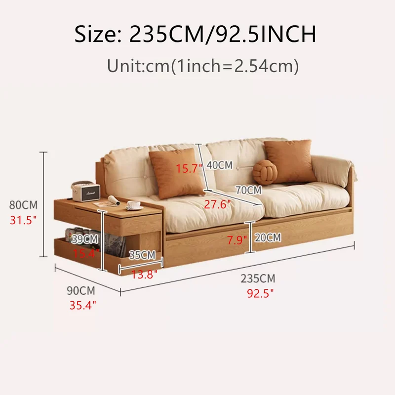 Canapé de rangement multifonction en tissu avec accoudoirs, table et tiroirs