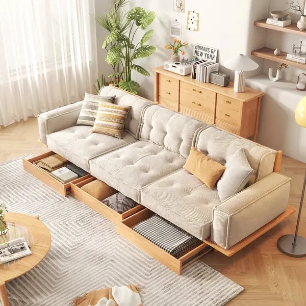 Canapé en tissu velours côtelé avec cadre en bois massif Japandi avec tiroirs de rangement en dessous