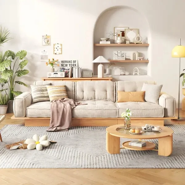 Canapé en tissu velours côtelé avec cadre en bois massif Japandi avec tiroirs de rangement en dessous