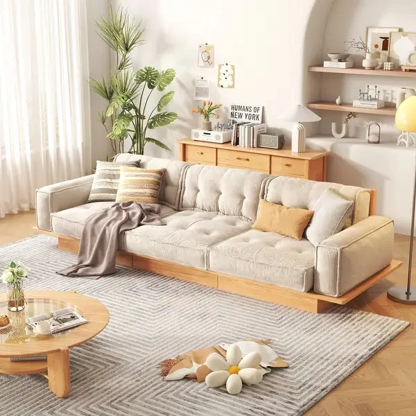 Canapé en tissu velours côtelé avec cadre en bois massif Japandi avec tiroirs de rangement en dessous