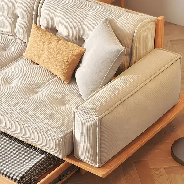 Canapé en tissu velours côtelé avec cadre en bois massif Japandi avec tiroirs de rangement en dessous