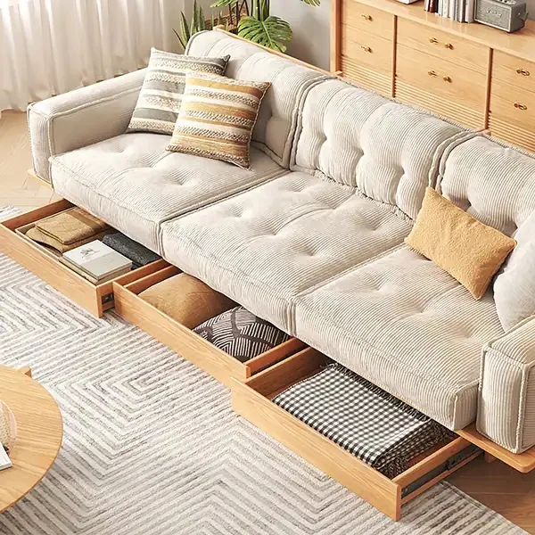 Canapé en tissu velours côtelé avec cadre en bois massif Japandi avec tiroirs de rangement en dessous