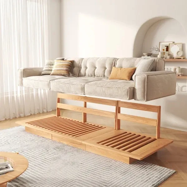 Canapé en tissu velours côtelé avec cadre en bois massif Japandi avec tiroirs de rangement en dessous