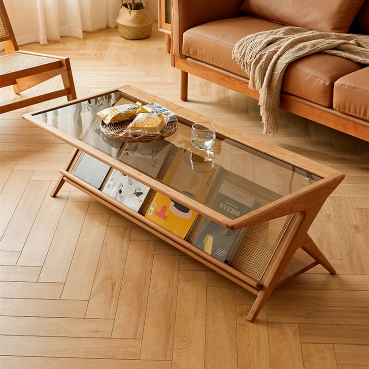 Table basse rectangulaire en bois massif avec plateau et rangement en verre trempé fauve