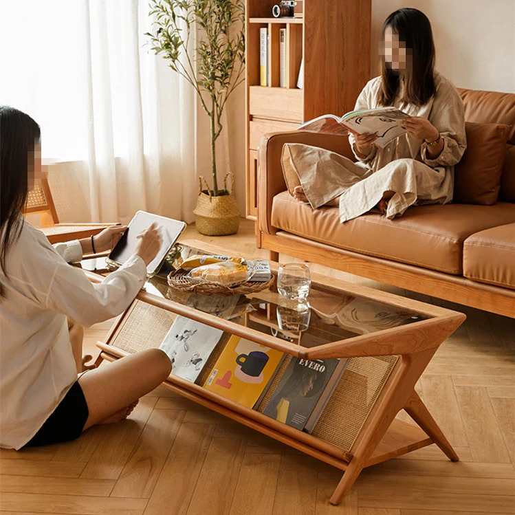 Table basse rectangulaire en bois massif avec plateau et rangement en verre trempé fauve
