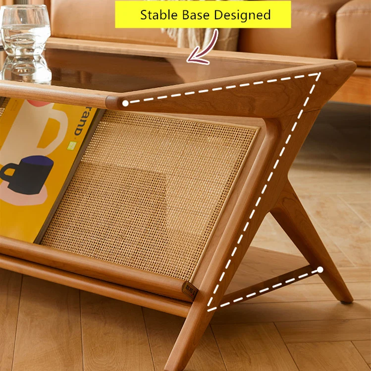 Table basse rectangulaire en bois massif avec plateau et rangement en verre trempé fauve
