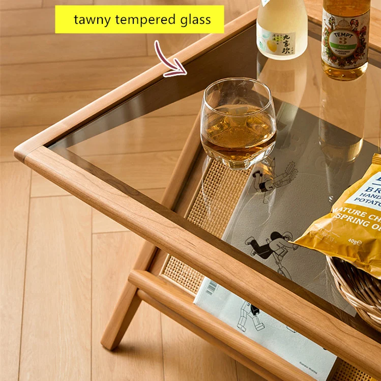 Table basse rectangulaire en bois massif avec plateau et rangement en verre trempé fauve