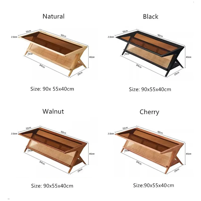 Table basse rectangulaire en bois massif avec plateau et rangement en verre trempé fauve