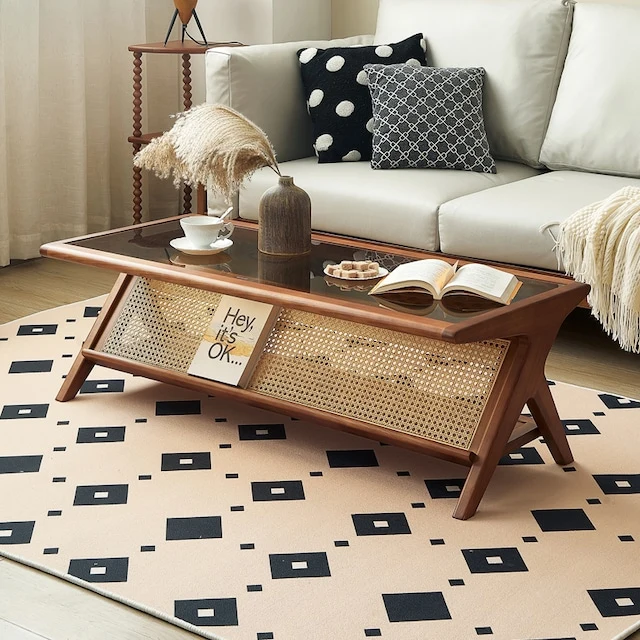 Table basse rectangulaire en bois massif avec plateau et rangement en verre trempé fauve