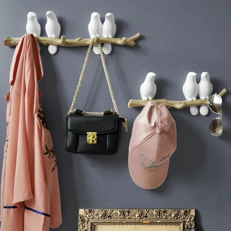 Oiseaux sur branche d'arbre décor mural porte-manteau avec crochets