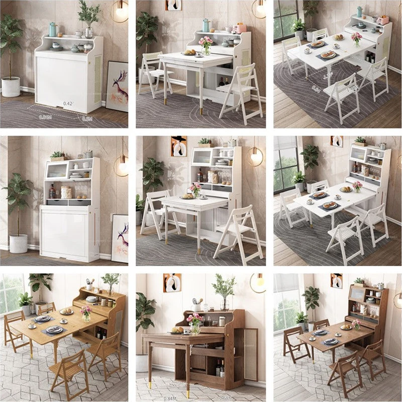 Table à manger multifonctionnelle pliante en bois massif avec armoire et chaises pliantes