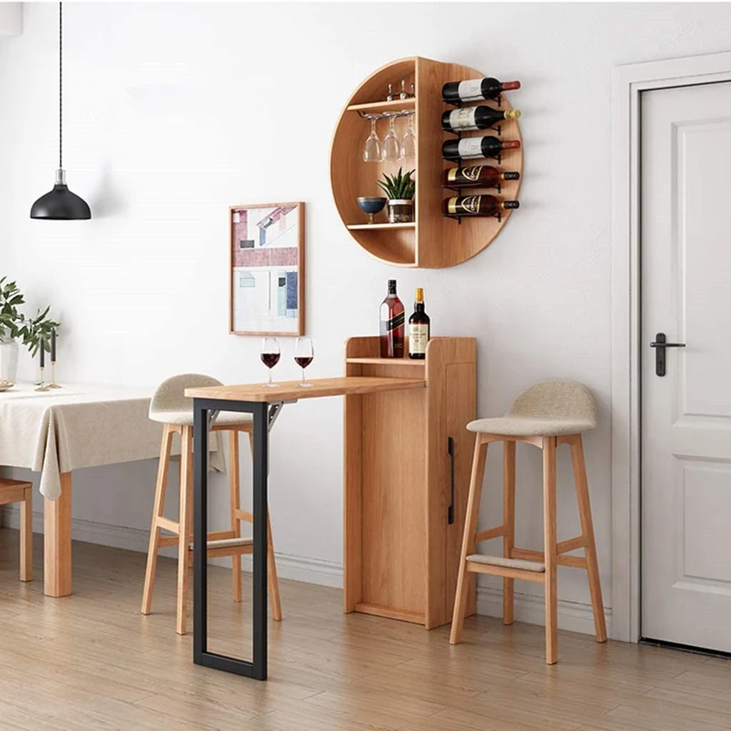 Table de bar à vin rétractable pliante avec étagère à vin ronde fixée au mur (pas de chaises)