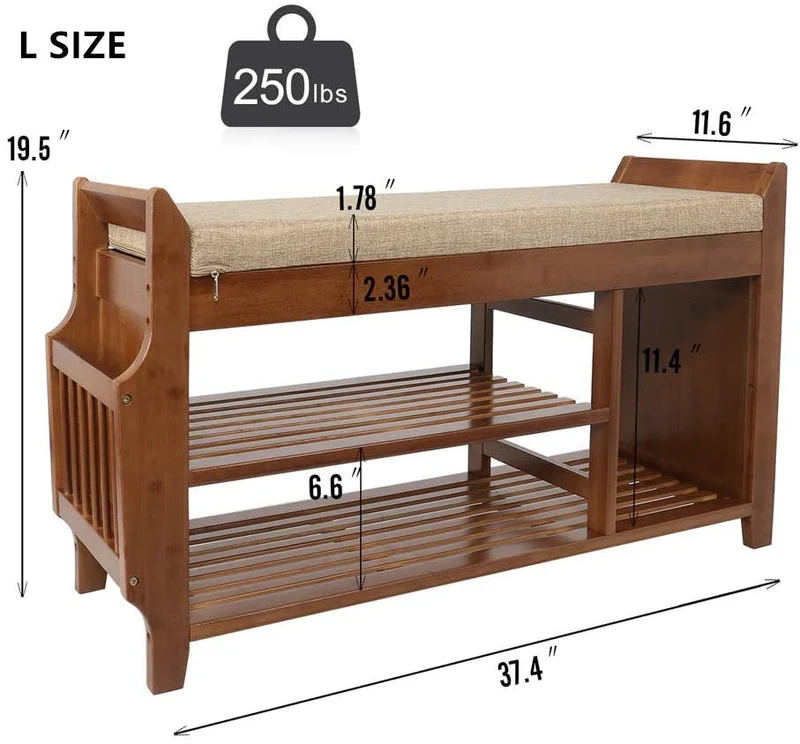 Banc à chaussures en bambou à 2 niveaux avec coussin amovible et tiroir invisible et support de rangement pour parapluie latéral