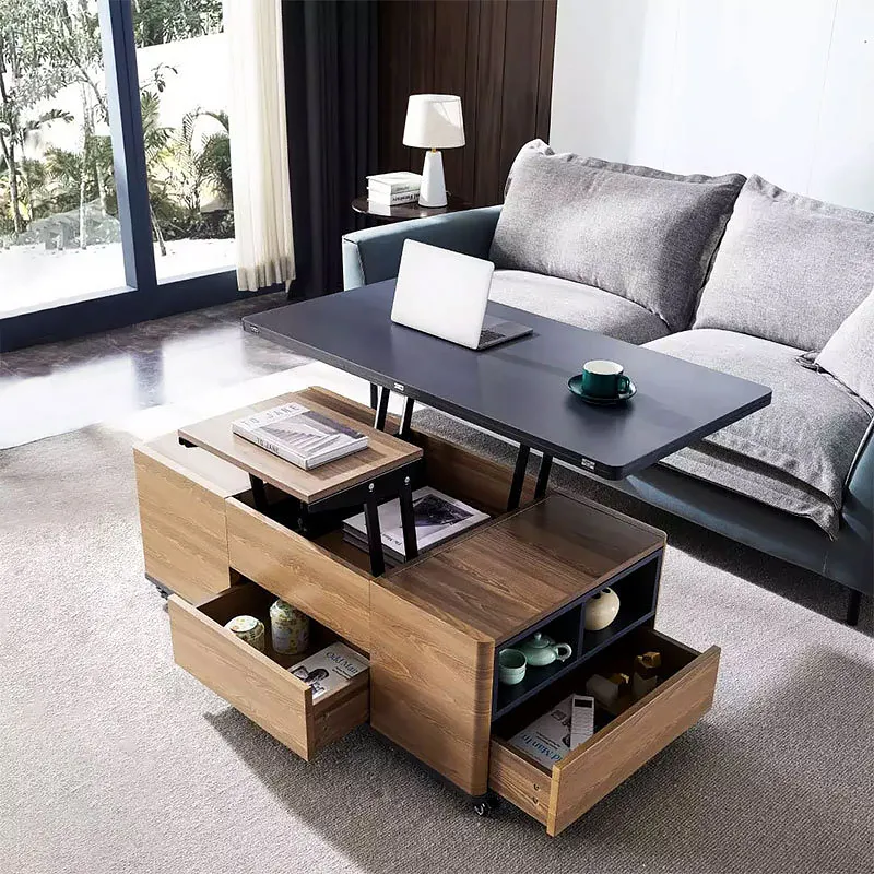 Table Basse Multifonctionnelle Pliante À Plateau Élévateur 3-en-1 Avec Roues Universelles